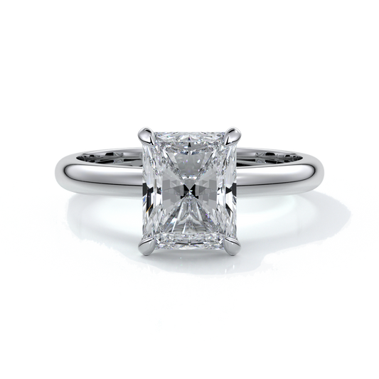 Platinum ring with a two carat radiant cut diamond secured in four claws