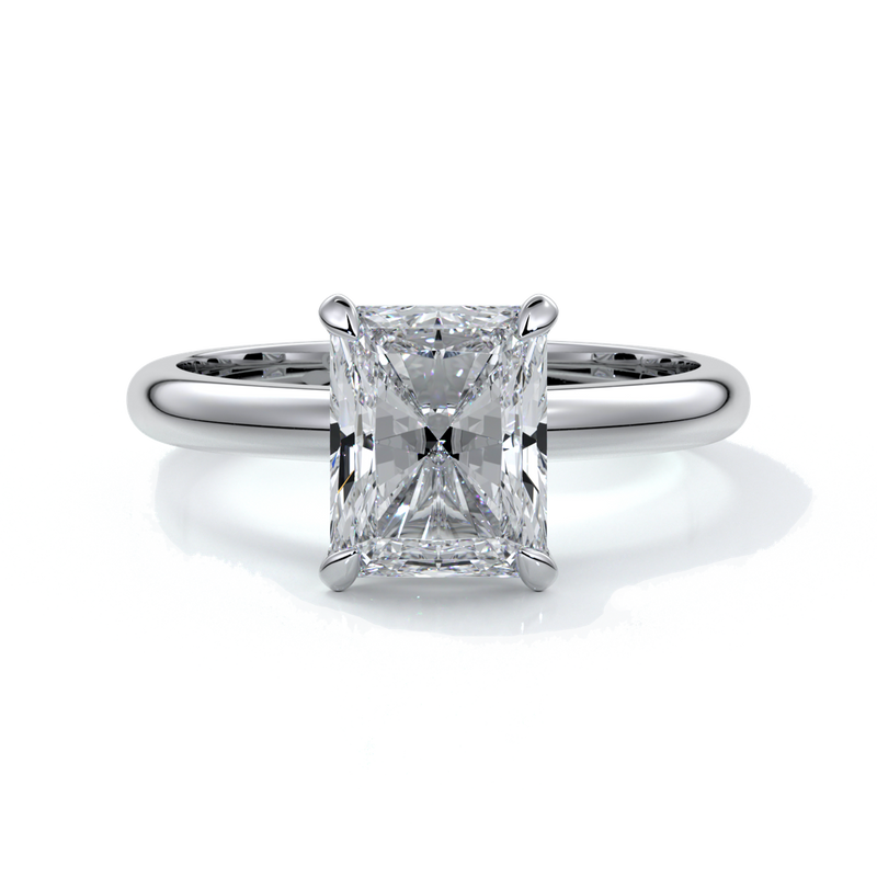 Platinum ring with a two carat radiant cut diamond secured in four claws