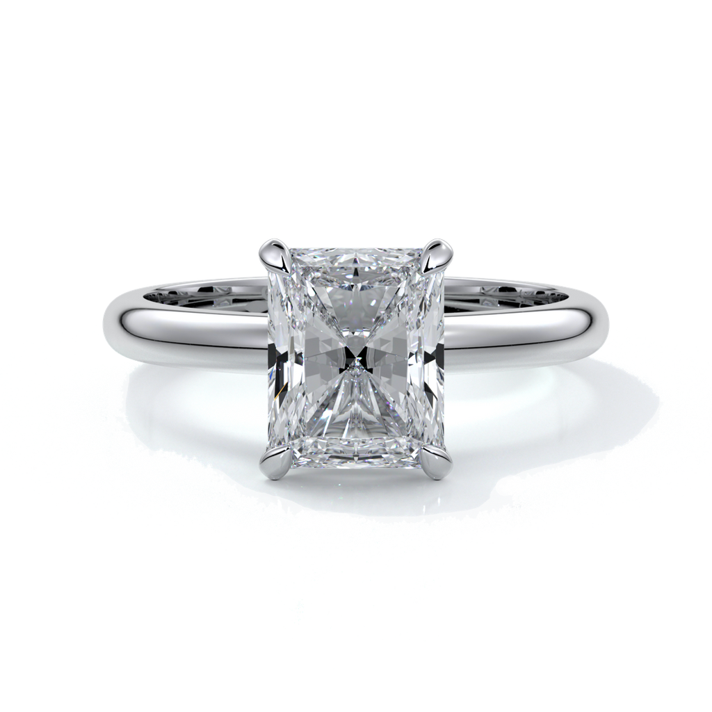 Platinum ring with a two carat radiant cut diamond secured in four claws