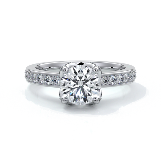 one carat round cut tulip diamond ring set with six claws
