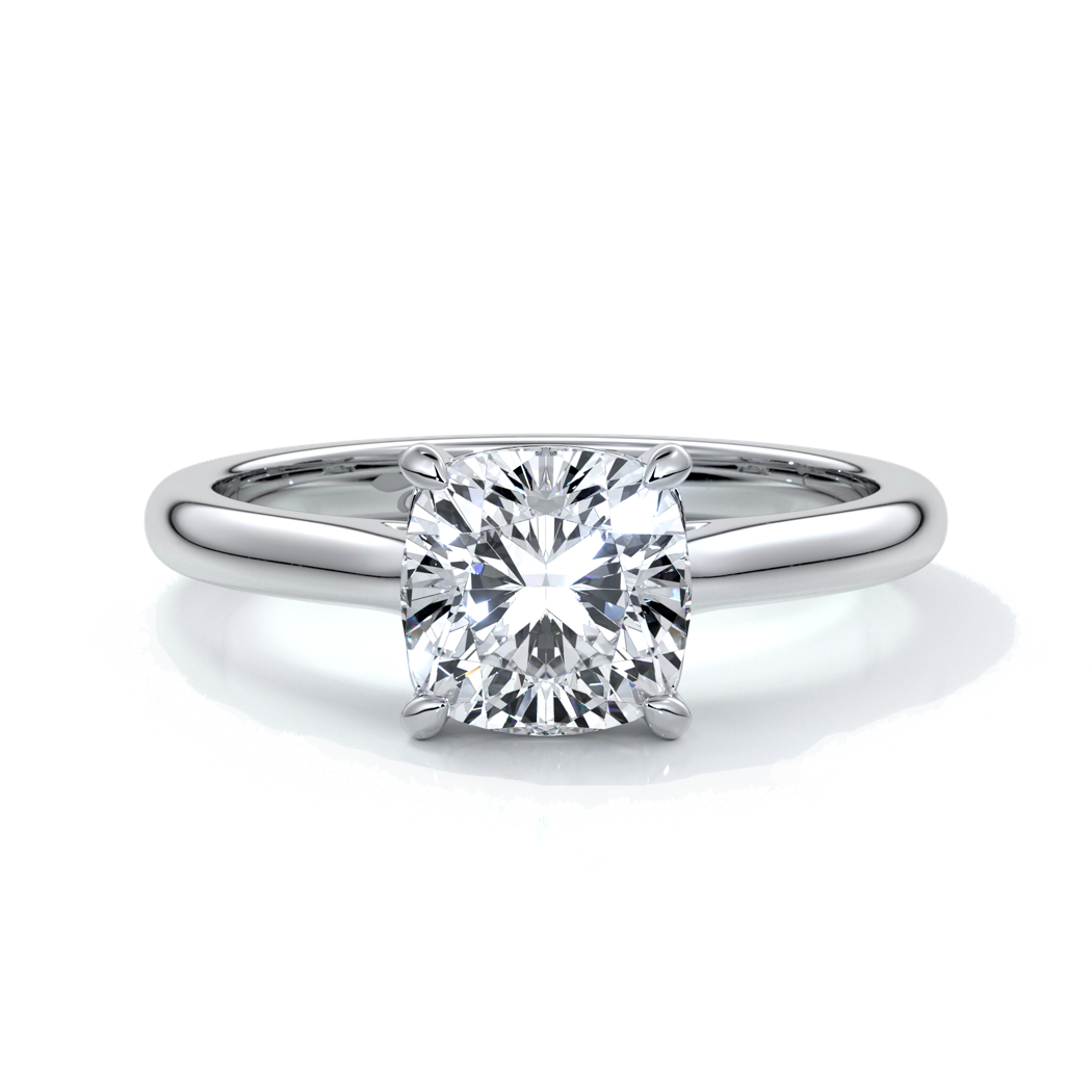 Platinum ring with two carat cushion cut diamond secured with four claws enhanced with a cathedral setting