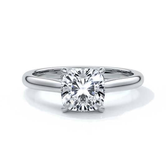 Platinum ring with two carat cushion cut diamond secured with four claws enhanced with a cathedral setting