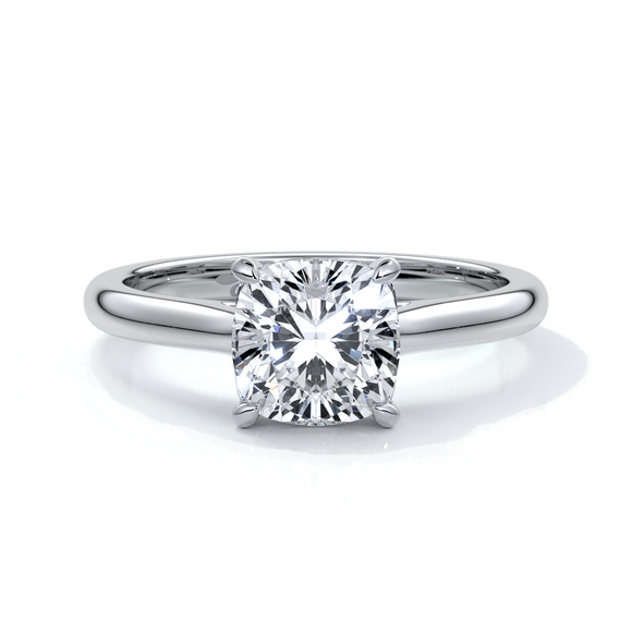 Platinum ring with two carat cushion cut diamond secured with four claws enhanced with a cathedral setting