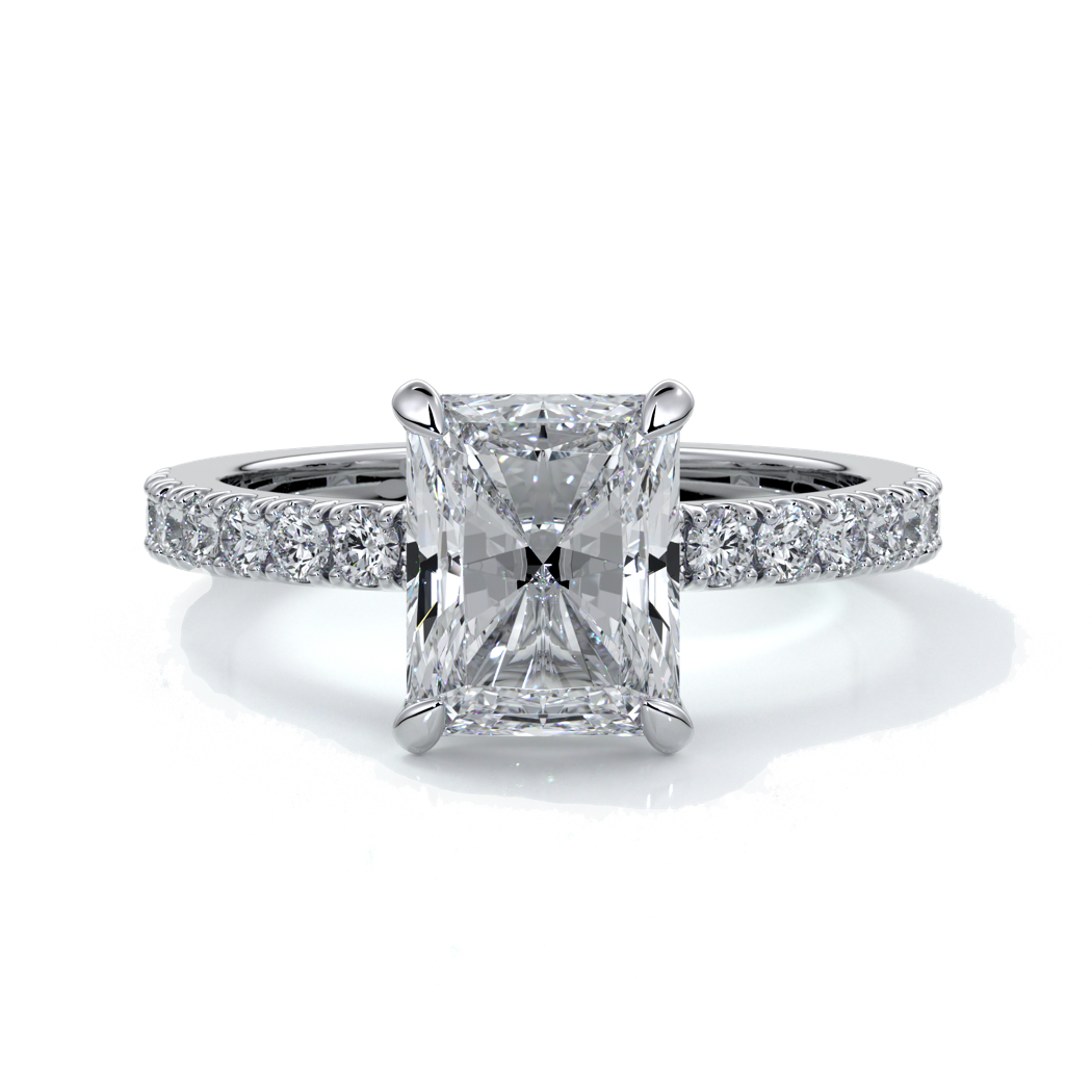 Platinum rig with a two carat radiant cut diamond with a scalloped diamond band