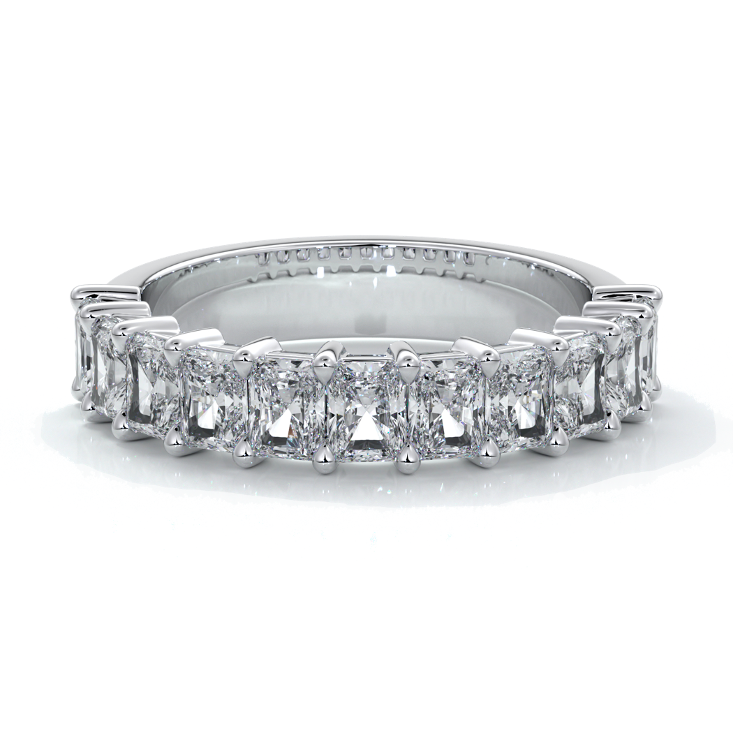 White gold women's wedding band with 3mm x 2.5mm radiant cut diamonds in a scalloped setting