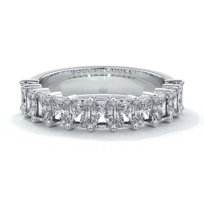 White gold women's wedding band with 3mm x 2.5mm radiant cut diamonds in a scalloped setting