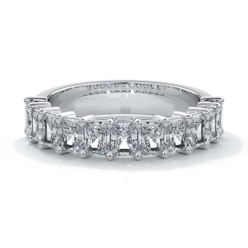 White gold women's wedding band with 3mm x 2.5mm radiant cut diamonds in a scalloped setting