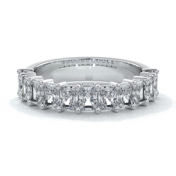 White gold women's wedding band with 3mm x 2.5mm radiant cut diamonds in a scalloped setting
