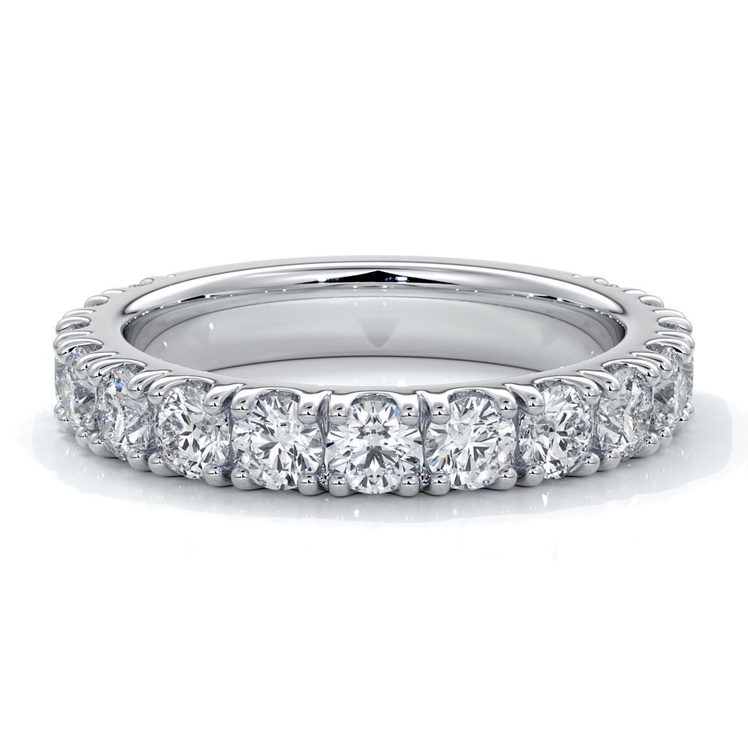 White gold women’s wedding ring with diamonds scalloped around the band.