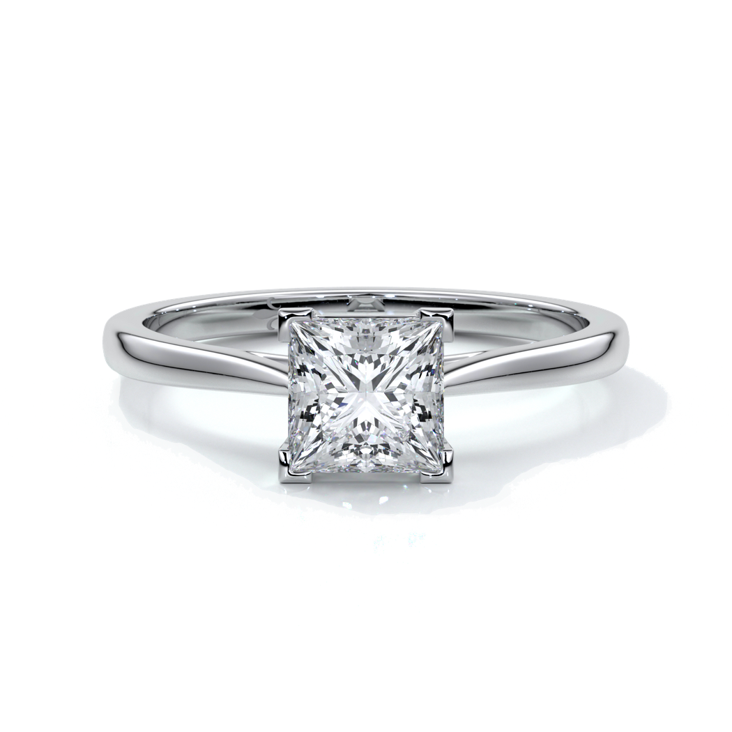 Platinum one carat princess cut diamond ring held by four claws with a cathedral setting