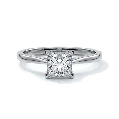 Platinum one carat princess cut diamond ring held by four claws with a cathedral setting