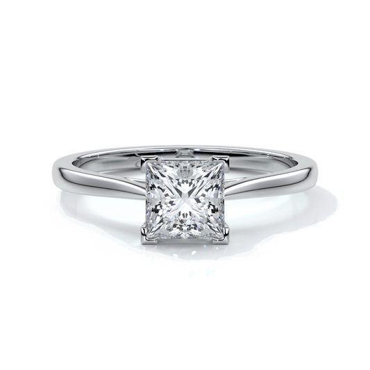 Platinum one carat princess cut diamond ring held by four claws with a cathedral setting