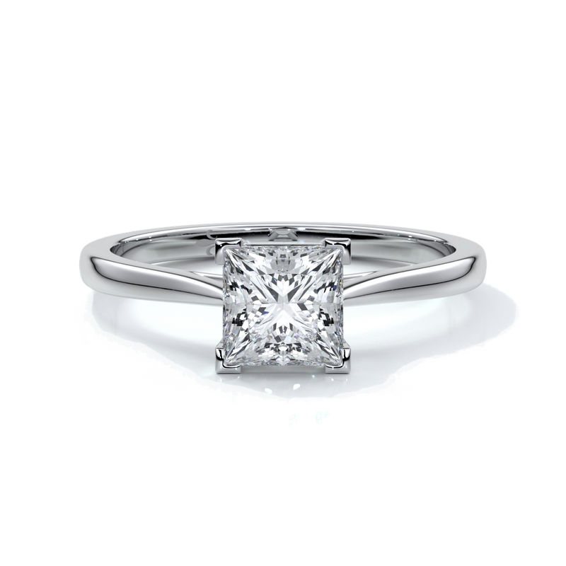 Platinum one carat princess cut diamond ring held by four claws with a cathedral setting