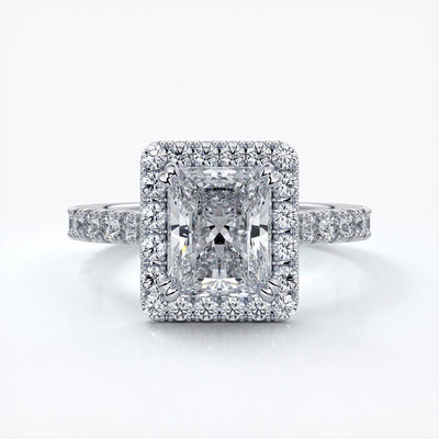 Irene Engagement Ring radiant diamond diamond band halo 18ct white gold