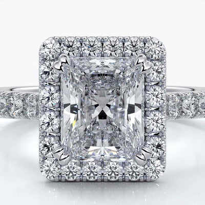 Irene Engagement Ring radiant diamond diamond band halo 18ct white gold