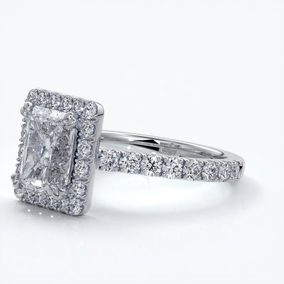 Irene Engagement Ring radiant diamond diamond band halo 18ct white gold