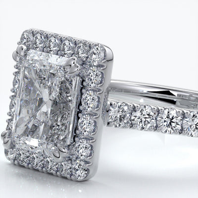 Irene Engagement Ring radiant diamond diamond band halo 18ct white gold