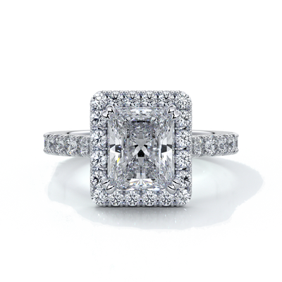 Platinum ring with a two carat radiant cut diamond in a cathedral and halo setting, with shoulder diamonds