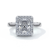Platinum ring with a two carat radiant cut diamond with a cathedral and halo style setting