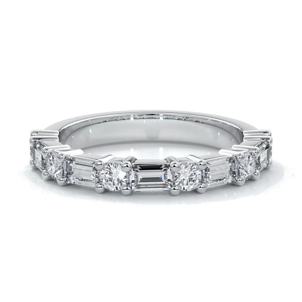 Women's wedding band with five straight baguette diamonds, complimented by six round brilliant cut diamonds in a scalloped setting