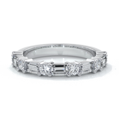 Women's wedding band with five straight baguette diamonds, complimented by six round brilliant cut diamonds in a scalloped setting