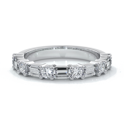 Women's wedding band with five straight baguette diamonds, complimented by six round brilliant cut diamonds in a scalloped setting