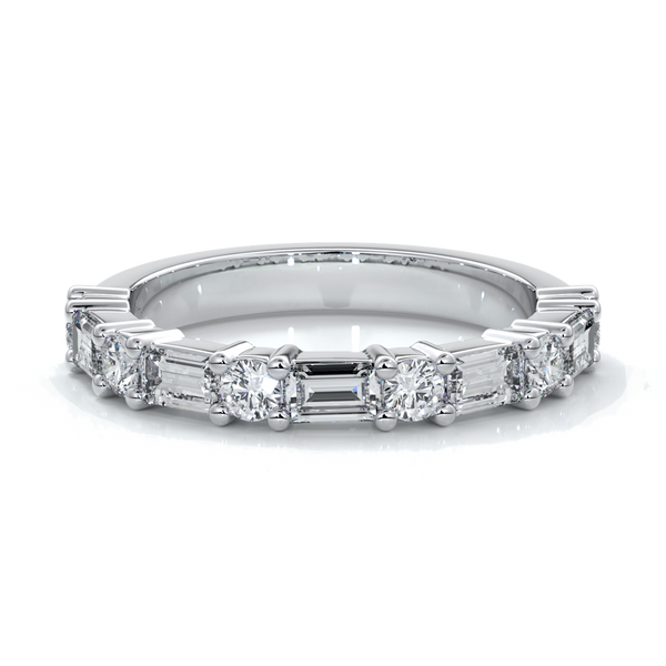 Women's wedding band with five straight baguette diamonds, complimented by six round brilliant cut diamonds in a scalloped setting