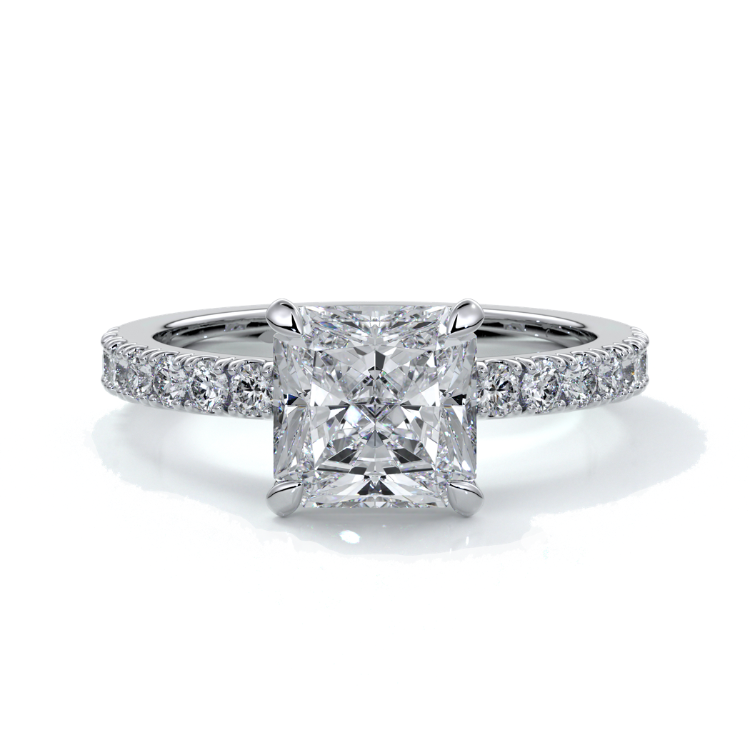 Platinum ring with a two carat square-cut radiant diamond enhanced with a scalloped diamond band