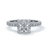 Platinum ring with a two carat square-cut radiant diamond enhanced with a scalloped diamond band