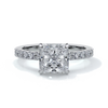 Platinum ring with a two carat square-cut radiant diamond enhanced with a scalloped diamond band