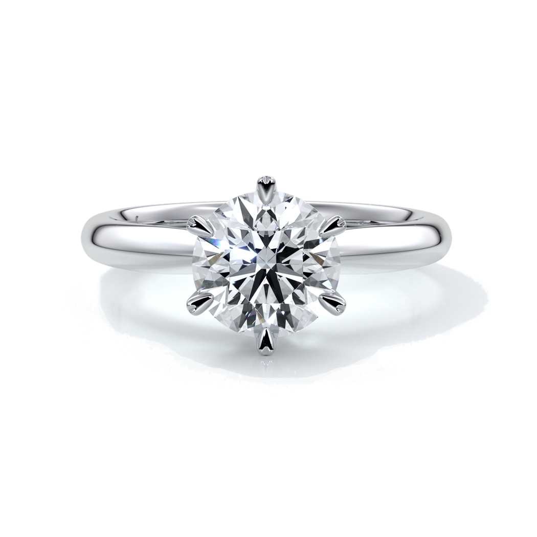 Platinum ring with two carat round diamond secured with six claws