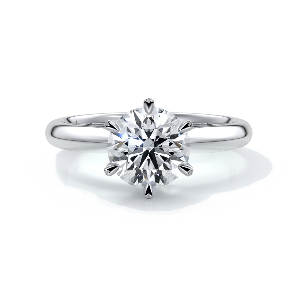 Platinum ring with two carat round diamond secured with six claws