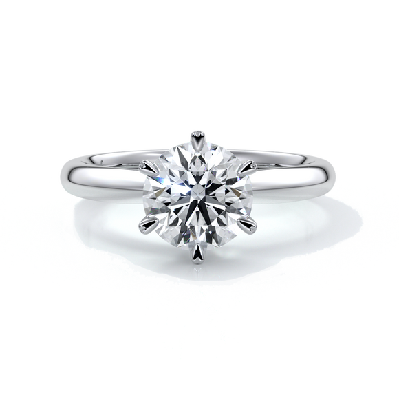 Platinum ring with two carat round diamond secured with six claws
