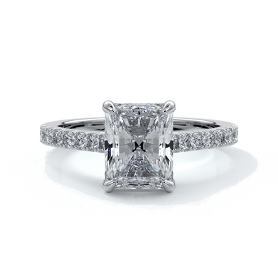 Platinum ring with a two carat radiant cut diamond enhanced in a cathedral setting with a scalloped diamond band