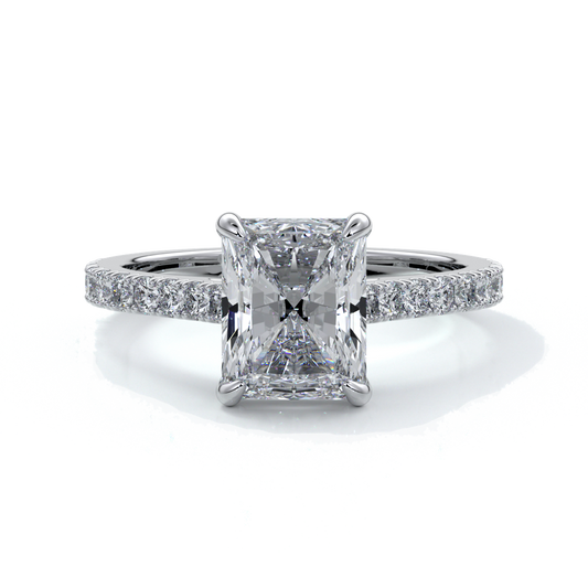 Platinum ring with a two carat radiant cut diamond enhanced in a cathedral setting with a scalloped diamond band
