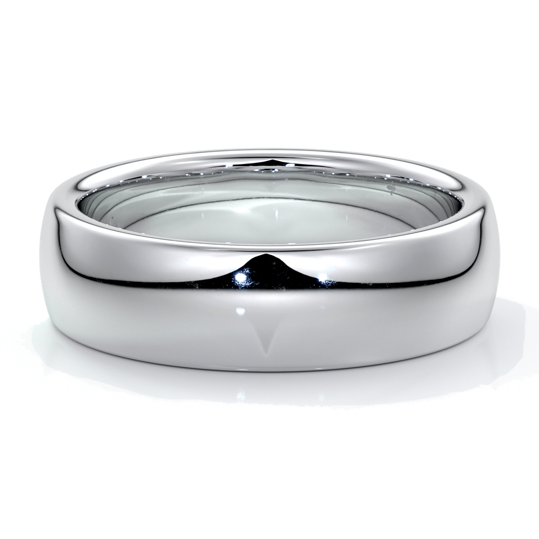 Platinum men's wedding band, 6mm wide band with a medium rounded profile and a comfort curve on the inside