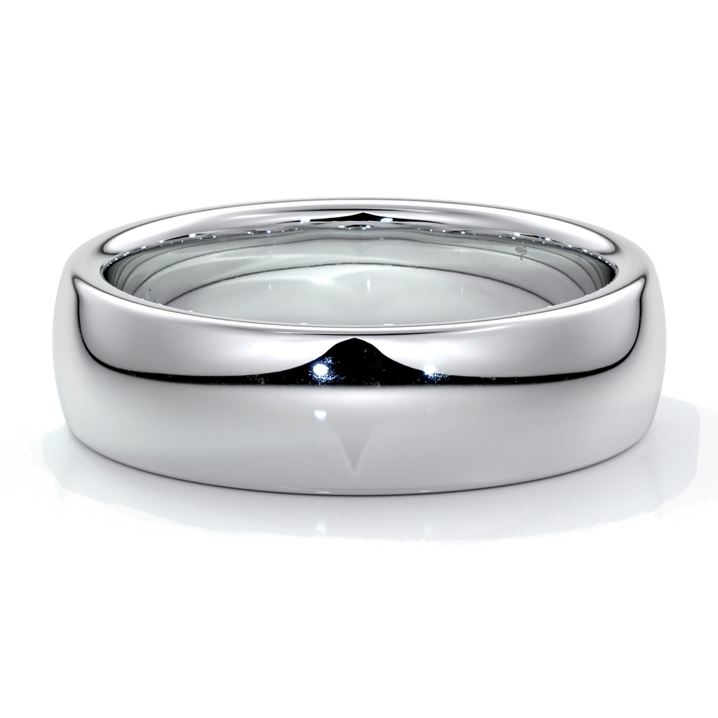 Platinum men's wedding band, 6mm wide band with a medium rounded profile and a comfort curve on the inside