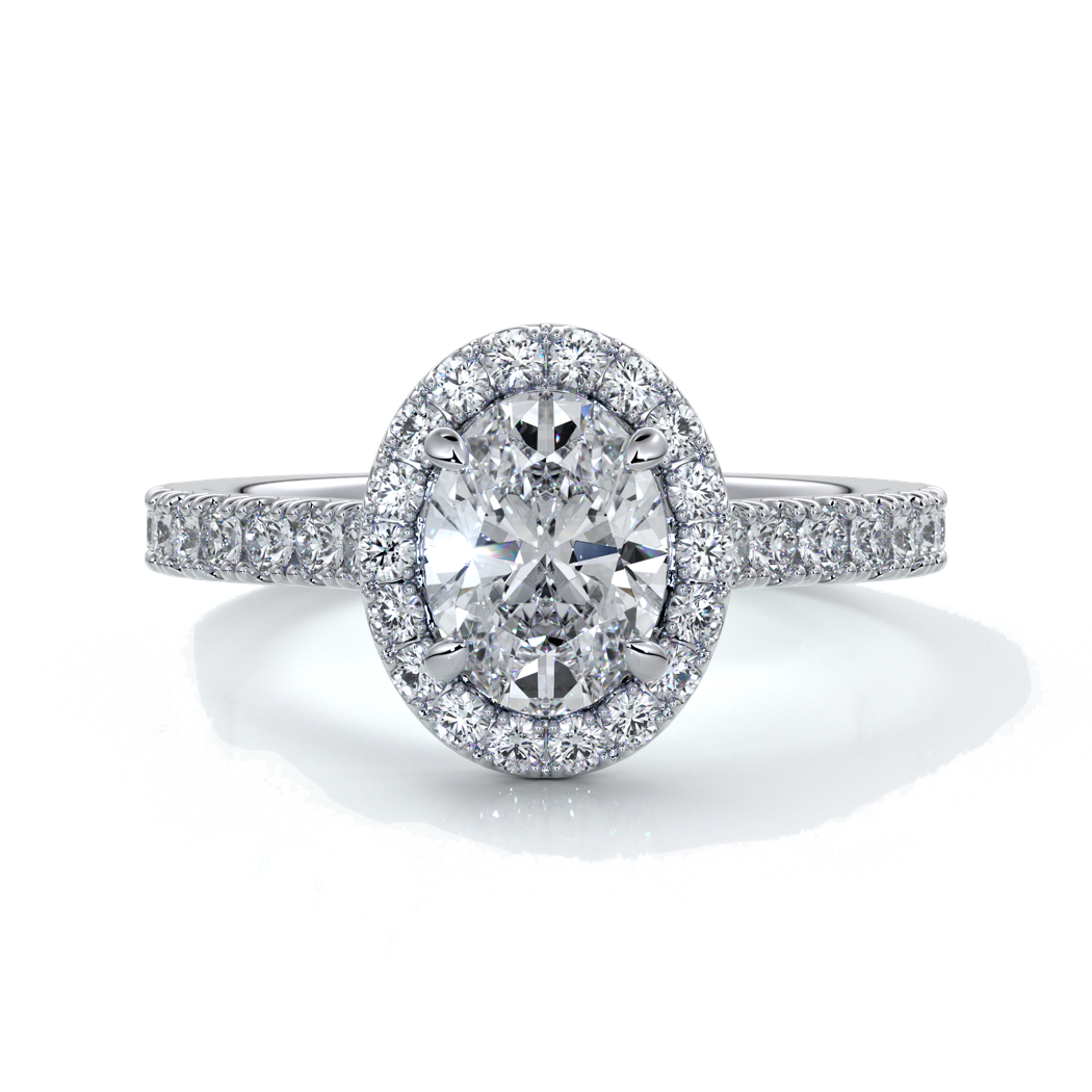 Platinum ring with one carat oval cut diamond in a cathedral style setting with scallop set shoulder diamonds and halo