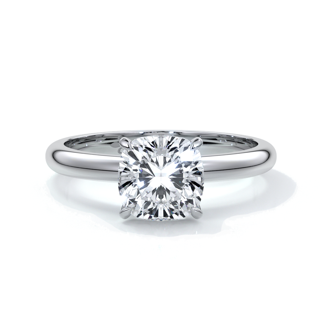 Platinum ring with a two carat cushion cut diamond secured in four claws