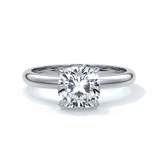 Platinum ring with a two carat cushion cut diamond secured in four claws