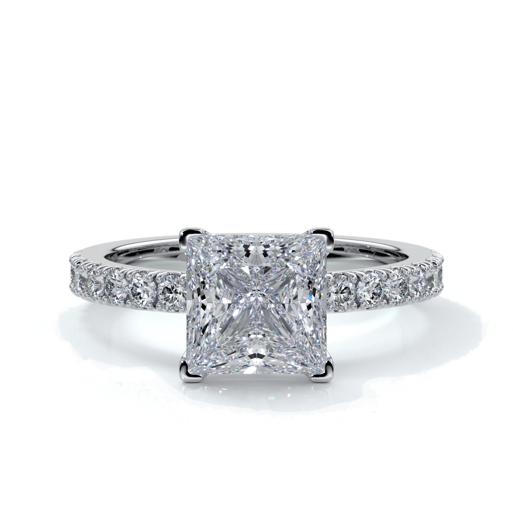Platinum ring with a two carat princess cut diamond with a scalloped diamond band