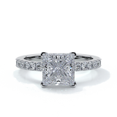 Platinum ring with a two carat princess cut diamond with a scalloped diamond band