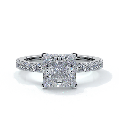 Platinum ring with a two carat princess cut diamond with a scalloped diamond band