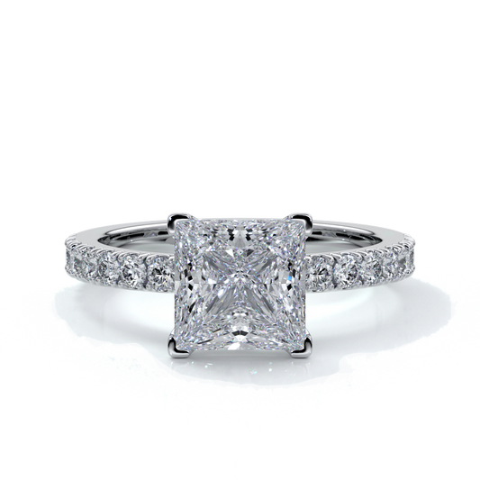 Platinum ring with a two carat princess cut diamond with a scalloped diamond band