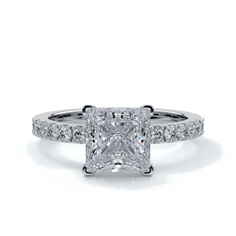 Platinum ring with a two carat princess cut diamond with a scalloped diamond band