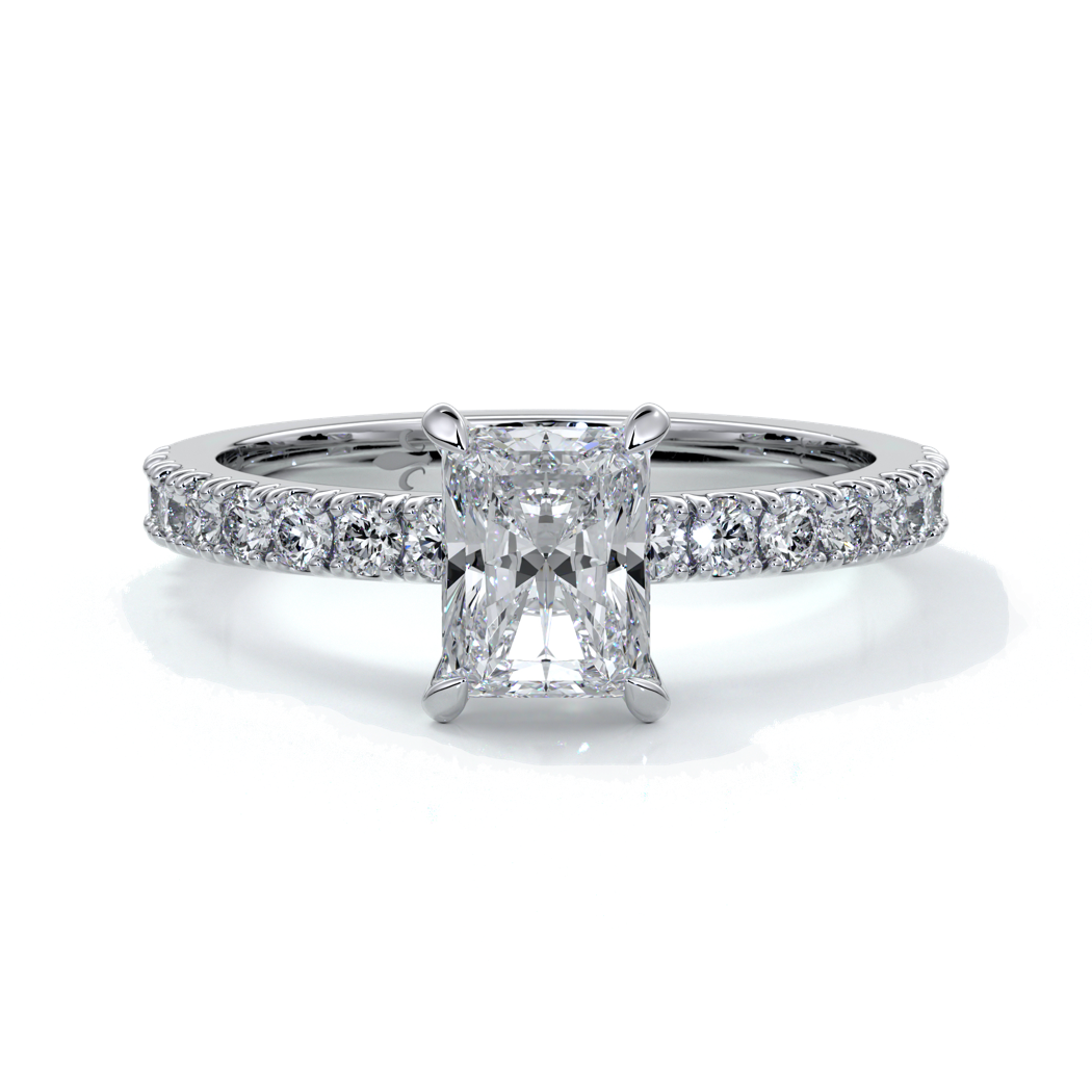 Platinum ring with a one carat radiant cut diamond with a scalloped diamond band