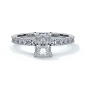 Platinum ring with a one carat radiant cut diamond with a scalloped diamond band