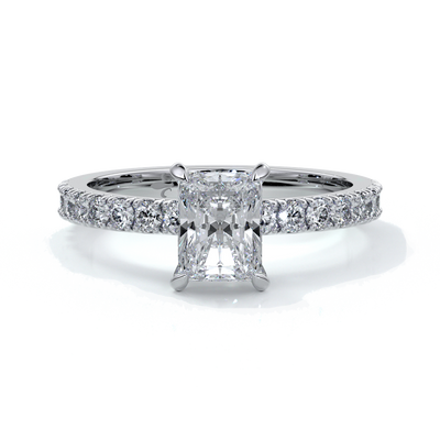 Platinum ring with a one carat radiant cut diamond with a scalloped diamond band