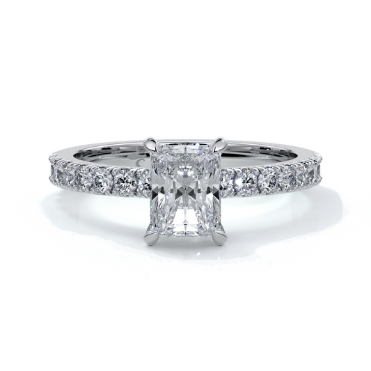 Platinum ring with a one carat radiant cut diamond with a scalloped diamond band