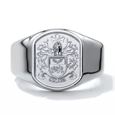 White gold men’s wedding ring with shield-styled crest